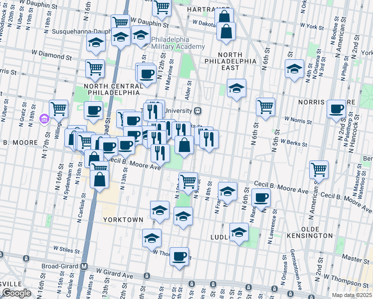 map of restaurants, bars, coffee shops, grocery stores, and more near 1701 North 10th Street in Philadelphia