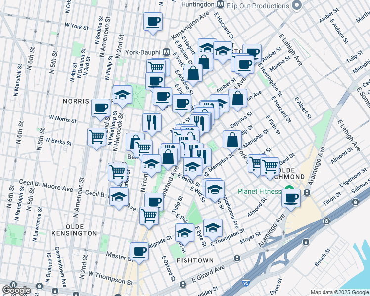 map of restaurants, bars, coffee shops, grocery stores, and more near 2019 Blair Street in Philadelphia