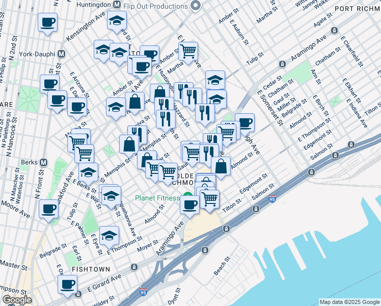 map of restaurants, bars, coffee shops, grocery stores, and more near 2431 East Firth Street in Philadelphia