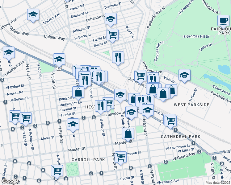 map of restaurants, bars, coffee shops, grocery stores, and more near 5357 Lancaster Avenue in Philadelphia