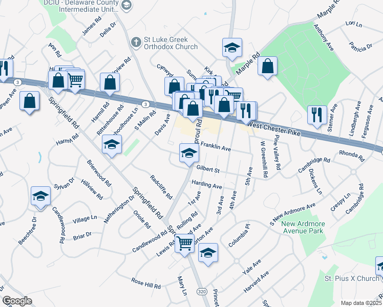 map of restaurants, bars, coffee shops, grocery stores, and more near 2601 Franklin Avenue in Broomall