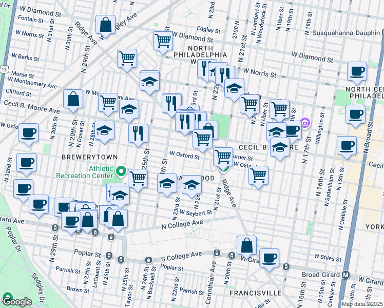 map of restaurants, bars, coffee shops, grocery stores, and more near 2239 West Oxford Street in Philadelphia