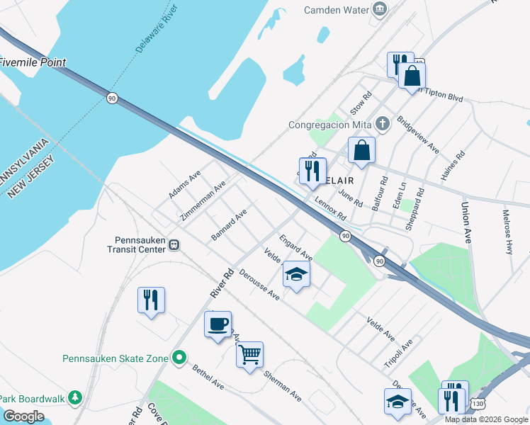 map of restaurants, bars, coffee shops, grocery stores, and more near 7580 Bannard Avenue in Pennsauken Township