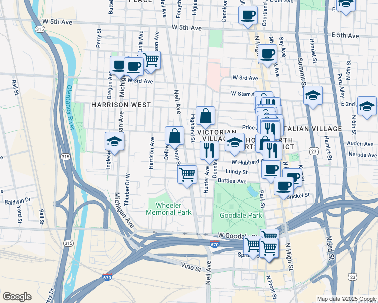 map of restaurants, bars, coffee shops, grocery stores, and more near in Columbus