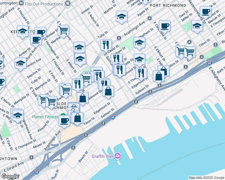 map of restaurants, bars, coffee shops, grocery stores, and more near 2725 Mercer Street in Philadelphia