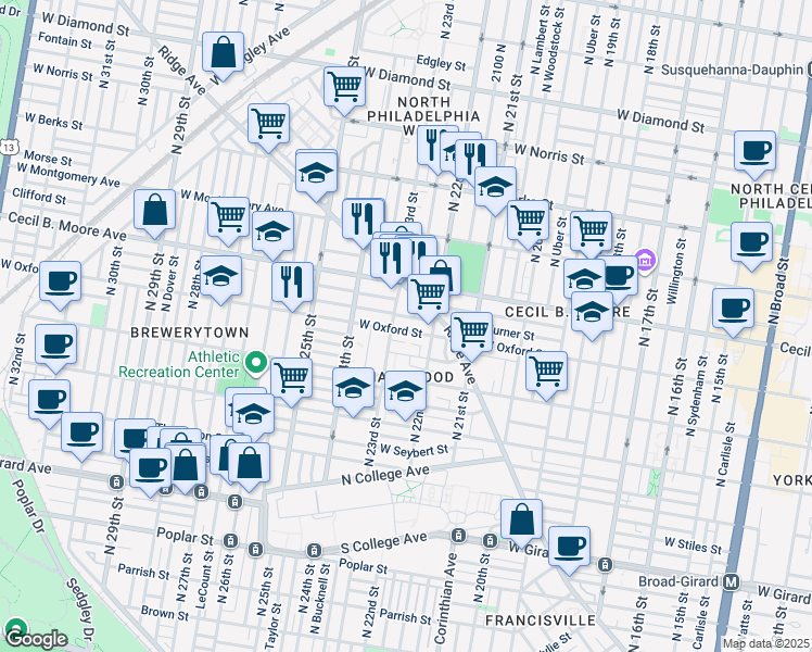 map of restaurants, bars, coffee shops, grocery stores, and more near 2235 W Oxford St in Philadelphia