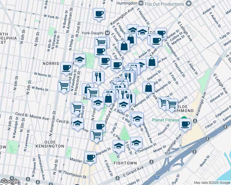 map of restaurants, bars, coffee shops, grocery stores, and more near 2161 East Norris Street in Philadelphia