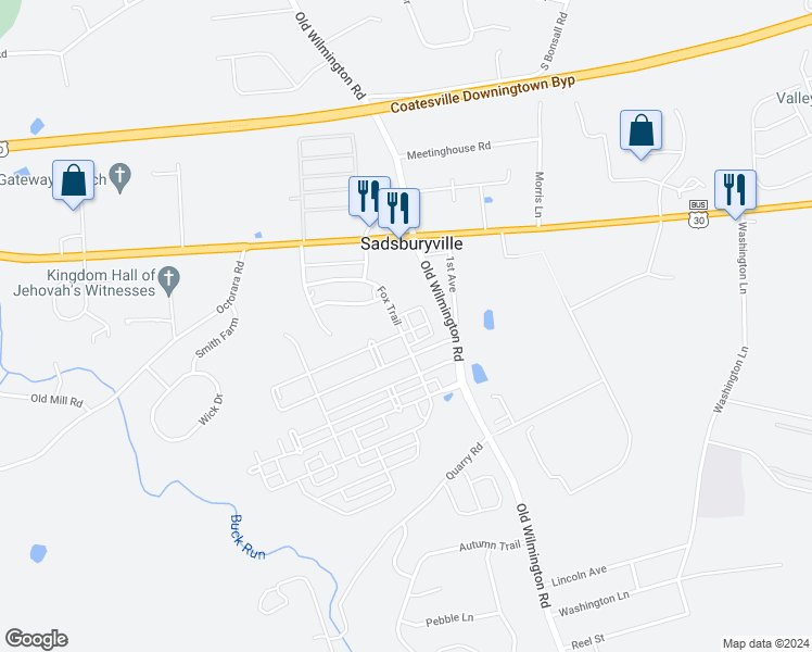map of restaurants, bars, coffee shops, grocery stores, and more near 1208 Wynne Lane in Coatesville