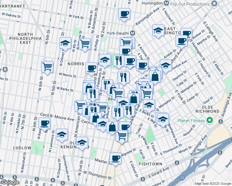 map of restaurants, bars, coffee shops, grocery stores, and more near 1919 North Howard Street in Philadelphia