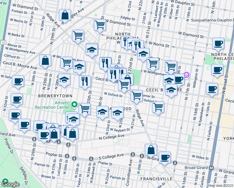 map of restaurants, bars, coffee shops, grocery stores, and more near 2239 West Oxford Street in Philadelphia