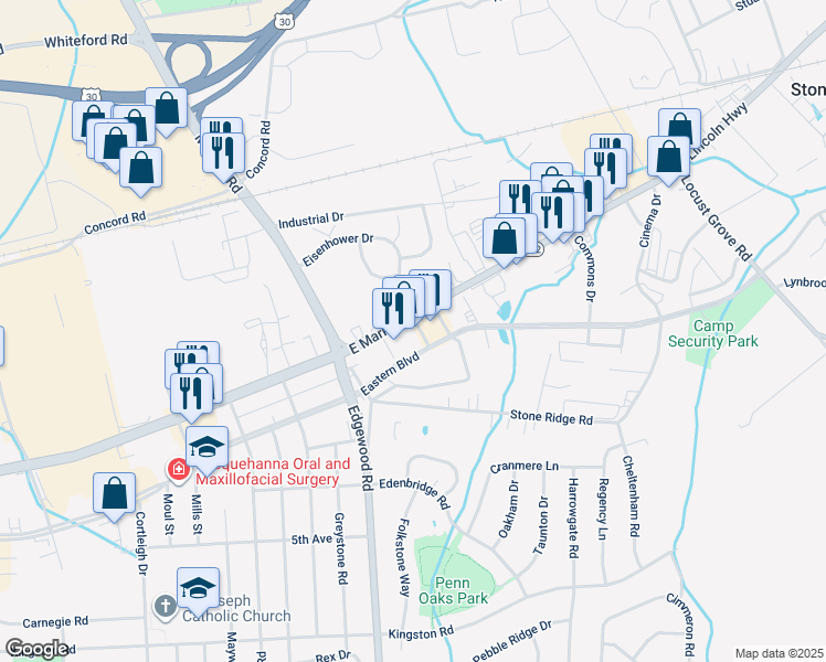 map of restaurants, bars, coffee shops, grocery stores, and more near 3405 East Market Street in York