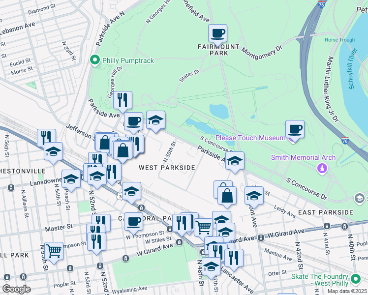 map of restaurants, bars, coffee shops, grocery stores, and more near 4952 Parkside Avenue in Philadelphia