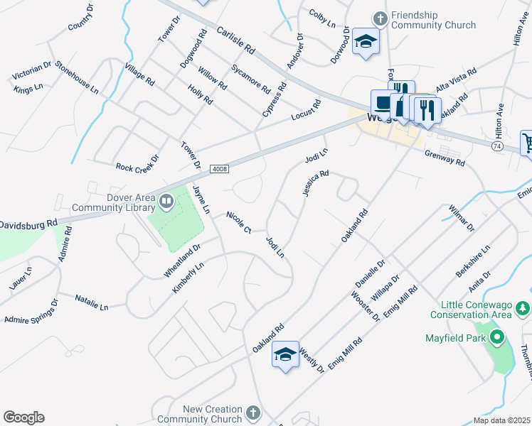 map of restaurants, bars, coffee shops, grocery stores, and more near 3099 Jodi Lane in Dover