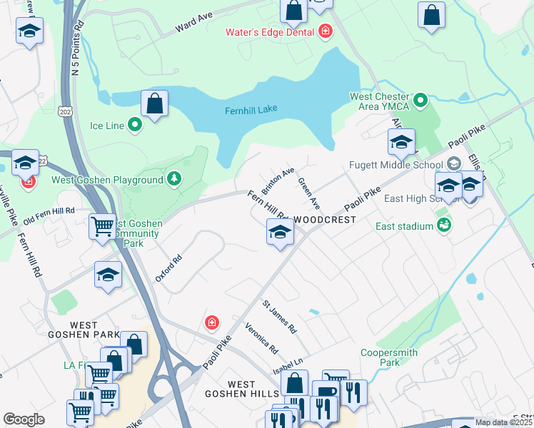 map of restaurants, bars, coffee shops, grocery stores, and more near 1103 Brinton Place Road in West Chester