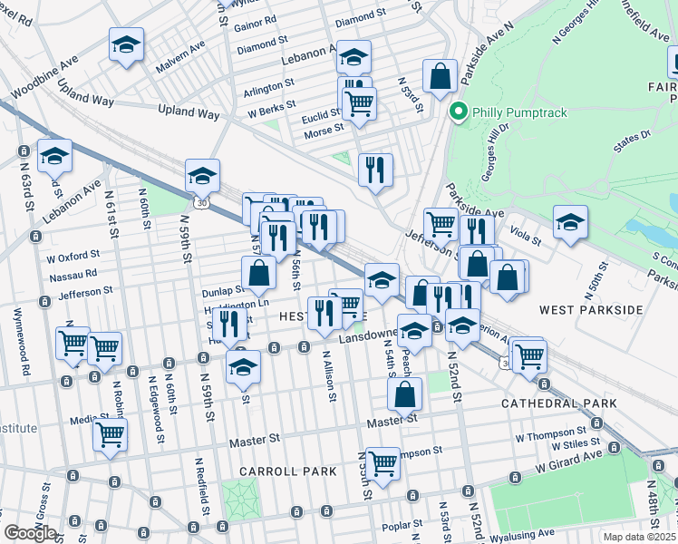 map of restaurants, bars, coffee shops, grocery stores, and more near 1711 North 55th Street in Philadelphia
