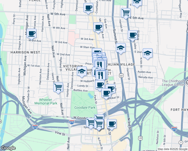 map of restaurants, bars, coffee shops, grocery stores, and more near 836 Park Street in Columbus