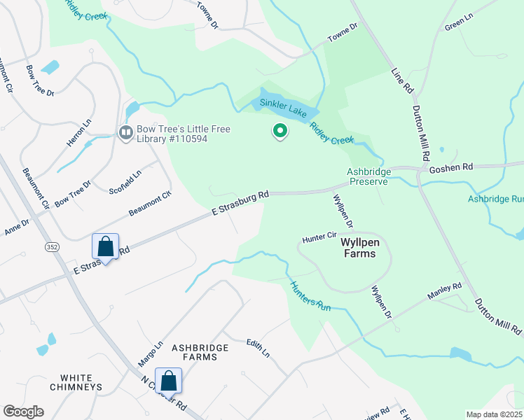 map of restaurants, bars, coffee shops, grocery stores, and more near 1670 East Strasburg Road in West Chester