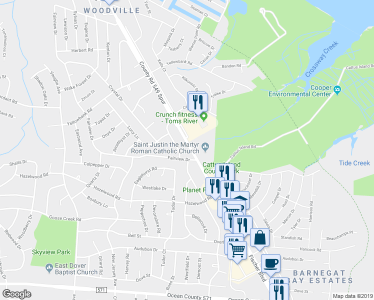 map of restaurants, bars, coffee shops, grocery stores, and more near 988 Fischer Boulevard in Toms River