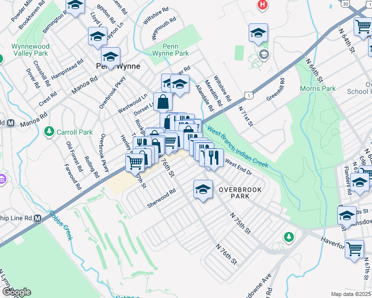 map of restaurants, bars, coffee shops, grocery stores, and more near 7543 Haverford Avenue in Philadelphia