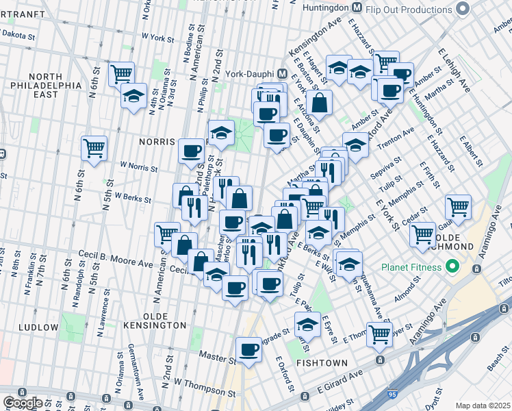 map of restaurants, bars, coffee shops, grocery stores, and more near 1936 North Front Street in Philadelphia