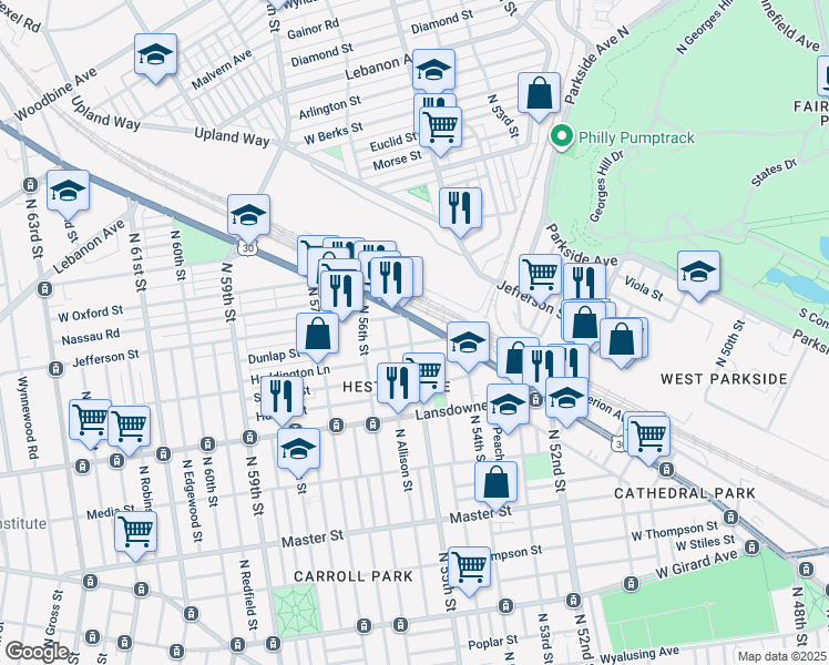 map of restaurants, bars, coffee shops, grocery stores, and more near 1711 North 55th Street in Philadelphia