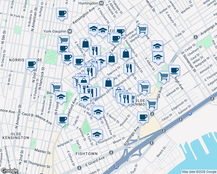 map of restaurants, bars, coffee shops, grocery stores, and more near 2312 East York Street in Philadelphia