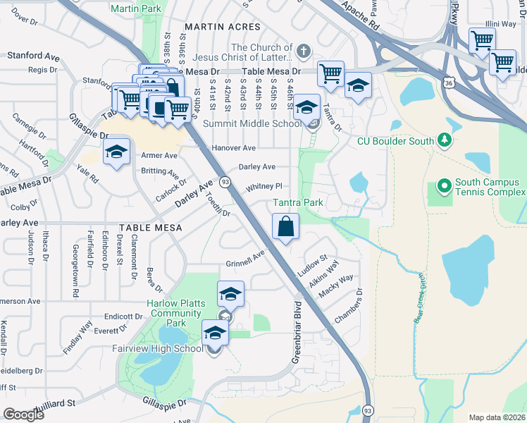 map of restaurants, bars, coffee shops, grocery stores, and more near 4440 Brookfield Drive in Boulder