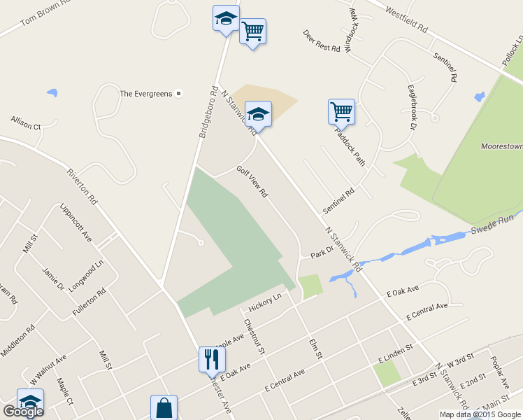 map of restaurants, bars, coffee shops, grocery stores, and more near 800 Golf View Road in Moorestown