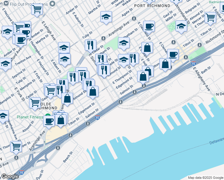 map of restaurants, bars, coffee shops, grocery stores, and more near 2641 East Seltzer Street in Philadelphia