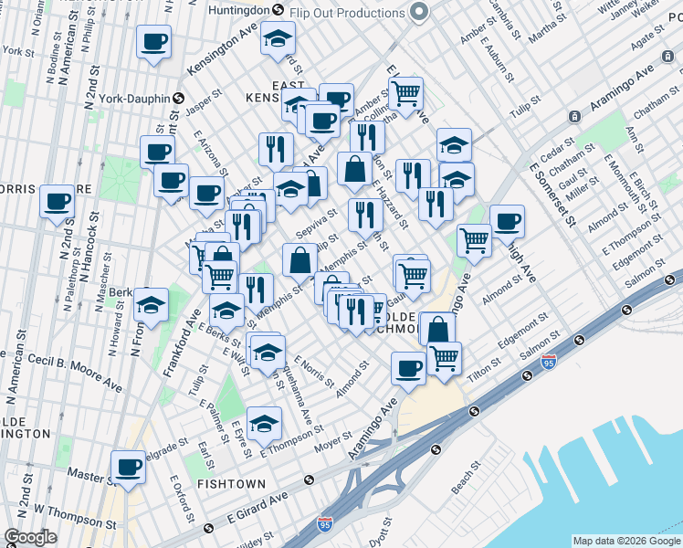map of restaurants, bars, coffee shops, grocery stores, and more near 2435 Memphis Street in Philadelphia