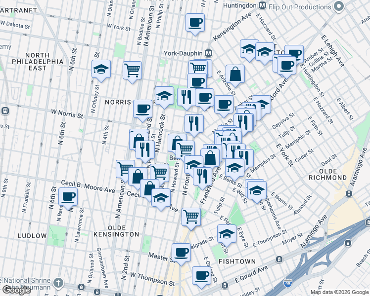 map of restaurants, bars, coffee shops, grocery stores, and more near 1936 North Front Street in Philadelphia