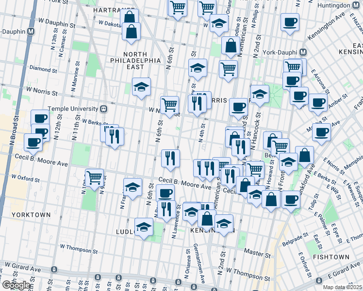 map of restaurants, bars, coffee shops, grocery stores, and more near 1855 North 5th Street in Philadelphia