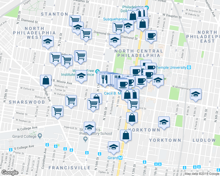 map of restaurants, bars, coffee shops, grocery stores, and more near in Philadelphia