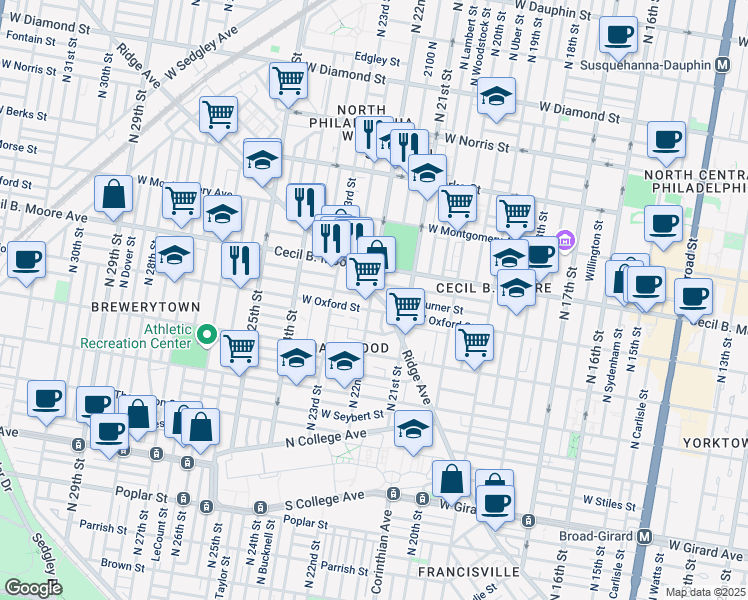map of restaurants, bars, coffee shops, grocery stores, and more near 2144 Cecil B. Moore Avenue in Philadelphia