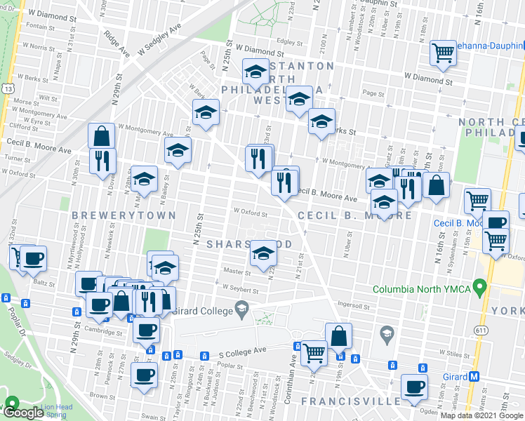 map of restaurants, bars, coffee shops, grocery stores, and more near 2246 Turner Street in Philadelphia