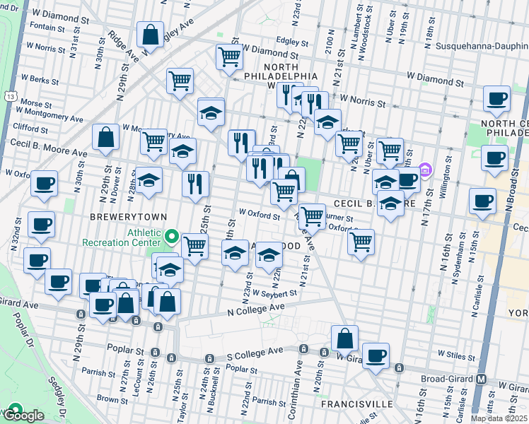 map of restaurants, bars, coffee shops, grocery stores, and more near 2247 West Oxford Street in Philadelphia