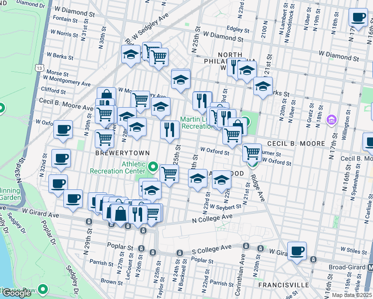 map of restaurants, bars, coffee shops, grocery stores, and more near 2434 West Oxford Street in Philadelphia