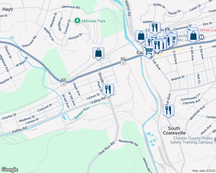 map of restaurants, bars, coffee shops, grocery stores, and more near 231 Madison Street in Coatesville