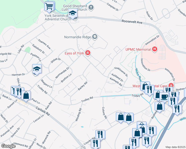 map of restaurants, bars, coffee shops, grocery stores, and more near 1770 Barley Road in York