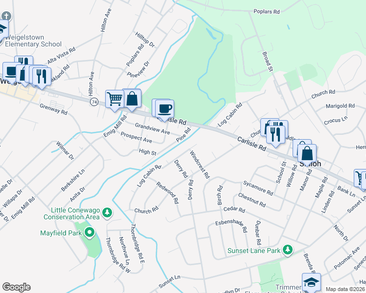 map of restaurants, bars, coffee shops, grocery stores, and more near 2318 Pine Road in York
