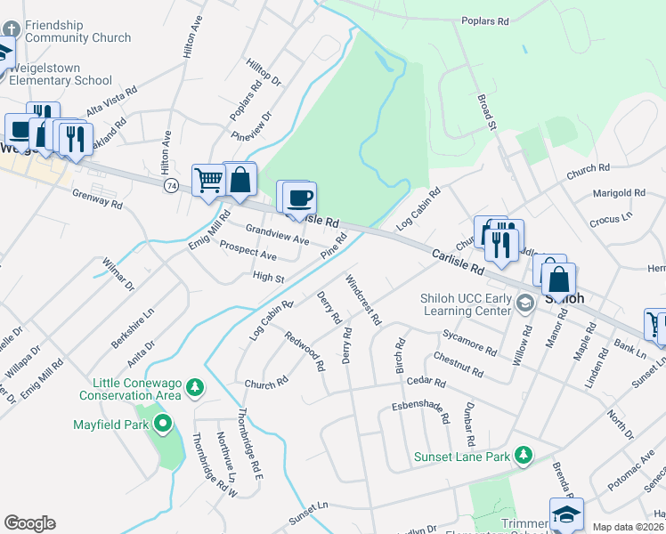 map of restaurants, bars, coffee shops, grocery stores, and more near 2318 Pine Road in York
