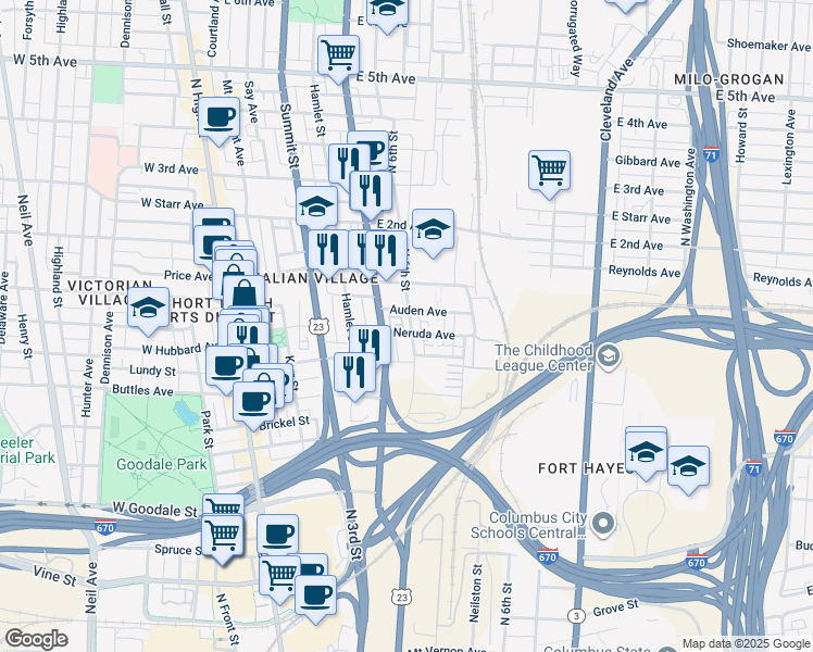 map of restaurants, bars, coffee shops, grocery stores, and more near 275 Auden Avenue in Columbus