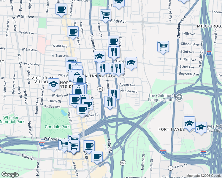 map of restaurants, bars, coffee shops, grocery stores, and more near 811 Hamlet Street in Columbus