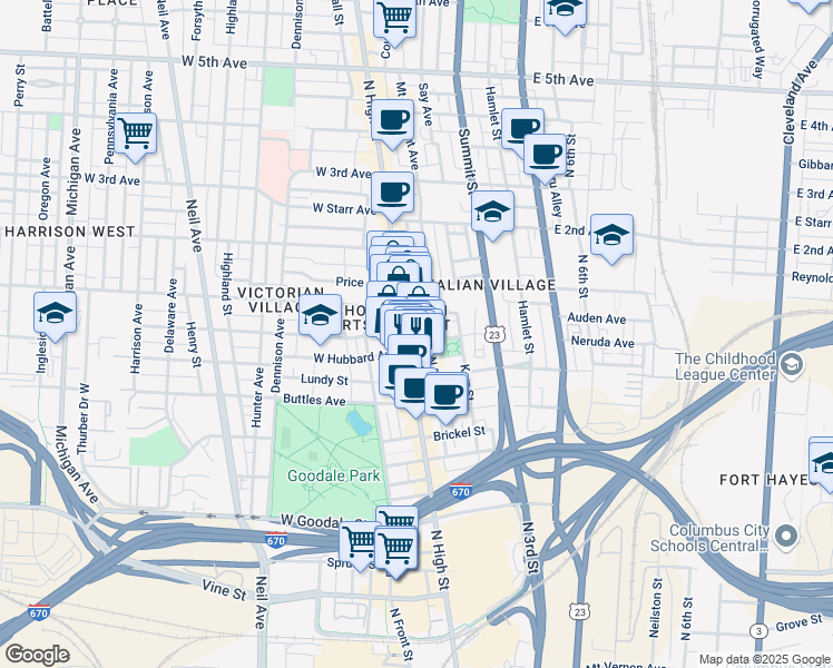 map of restaurants, bars, coffee shops, grocery stores, and more near in Columbus