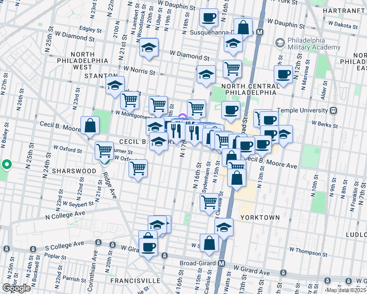 map of restaurants, bars, coffee shops, grocery stores, and more near N 17th St & Cecil B. Moore Ave in Philadelphia