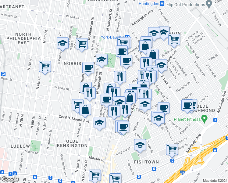 map of restaurants, bars, coffee shops, grocery stores, and more near 1926 North Hope Street in Philadelphia