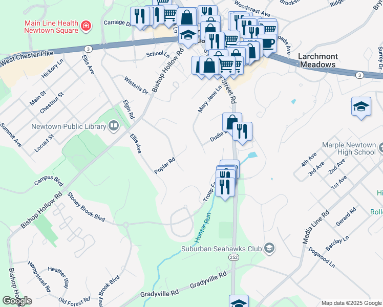 map of restaurants, bars, coffee shops, grocery stores, and more near 154 Poplar Road in Newtown Square