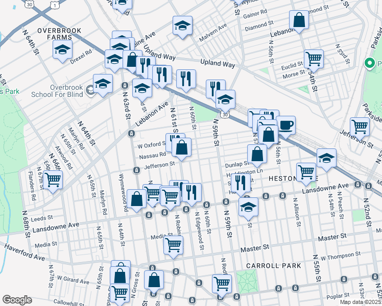 map of restaurants, bars, coffee shops, grocery stores, and more near 6016 Nassau Rd in Philadelphia