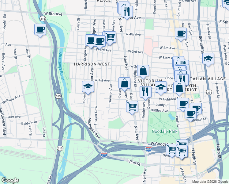map of restaurants, bars, coffee shops, grocery stores, and more near 357 Wilber Avenue in Columbus
