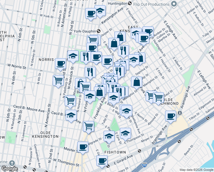 map of restaurants, bars, coffee shops, grocery stores, and more near 2016 Blair Street in Philadelphia
